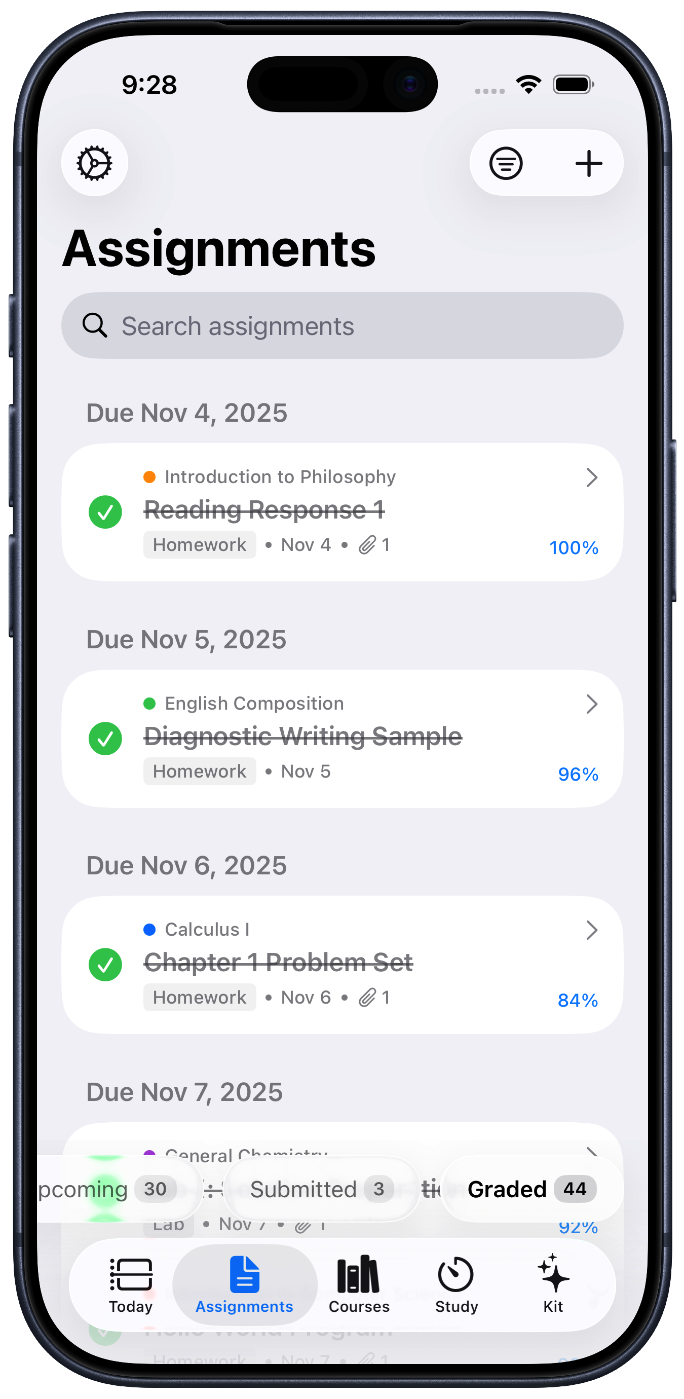StudyKit Assignments View showing filtered assignment list with due dates