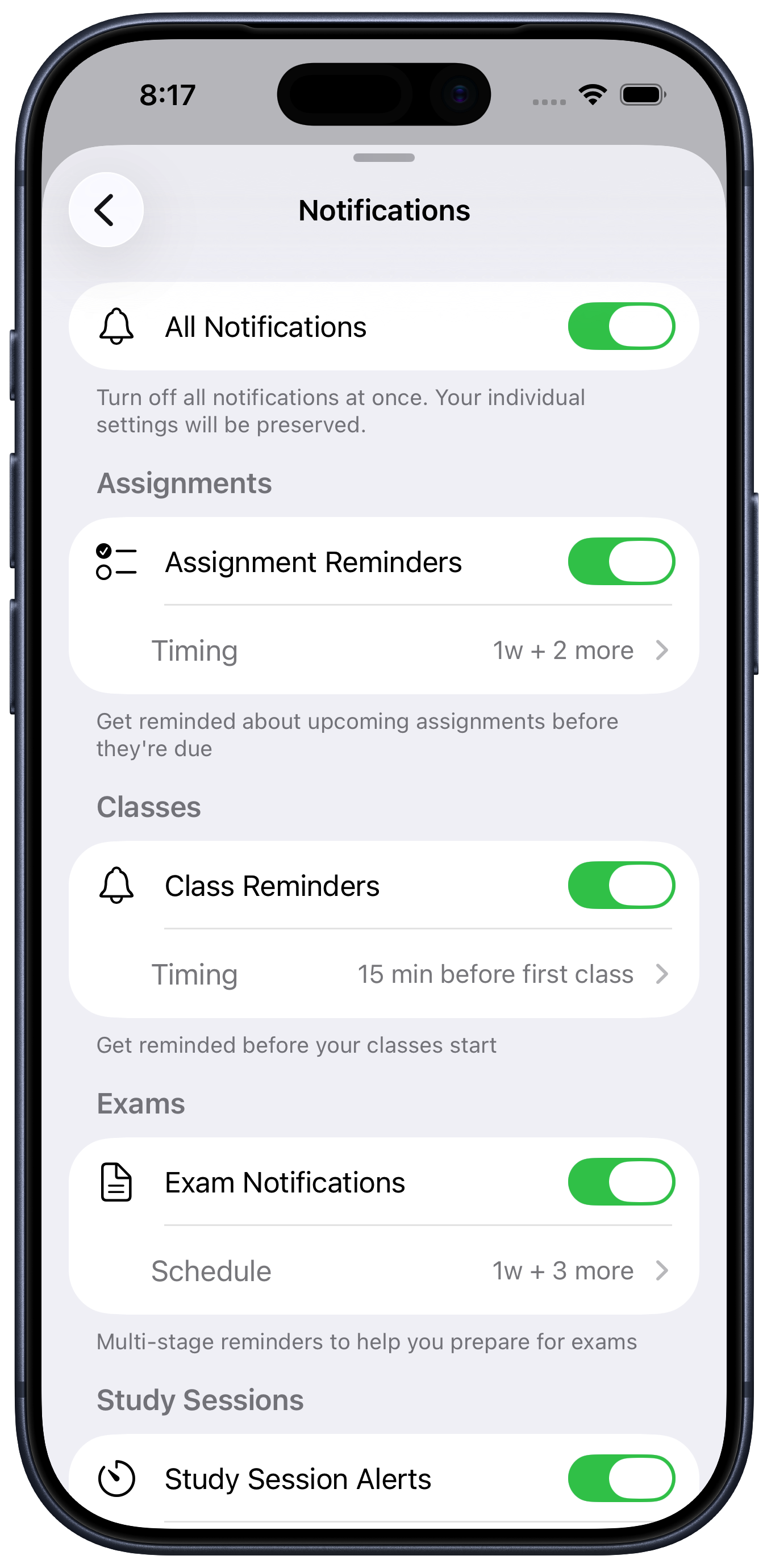 StudyKit Smart Notifications showing due date reminders and class alerts